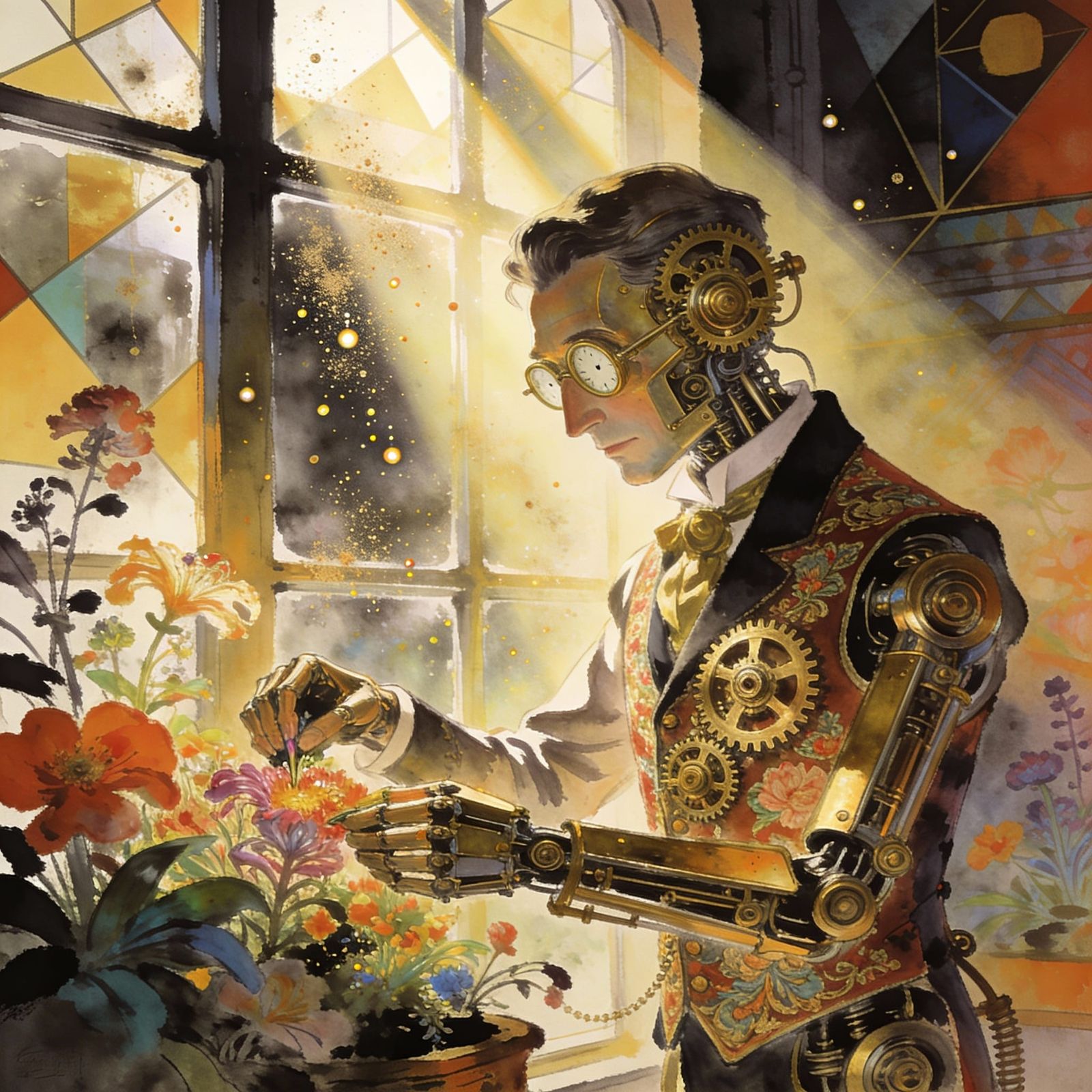 Clockwork Gentleman Tends Magical Garden in Sunlight