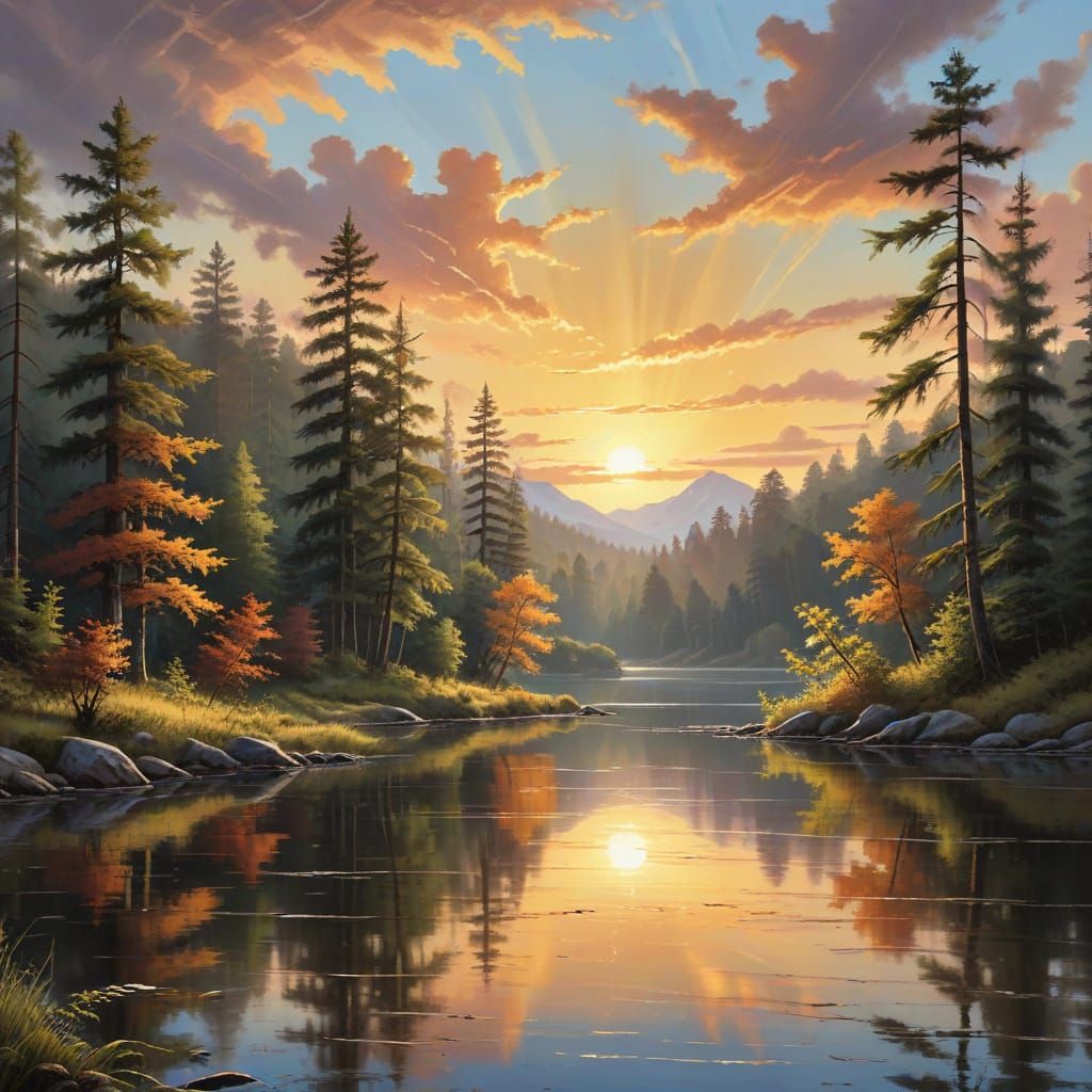 Bob Ross Style Lake and Forest Landscape