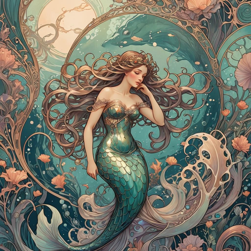 Mermaid and Squid in Art Nouveau Style