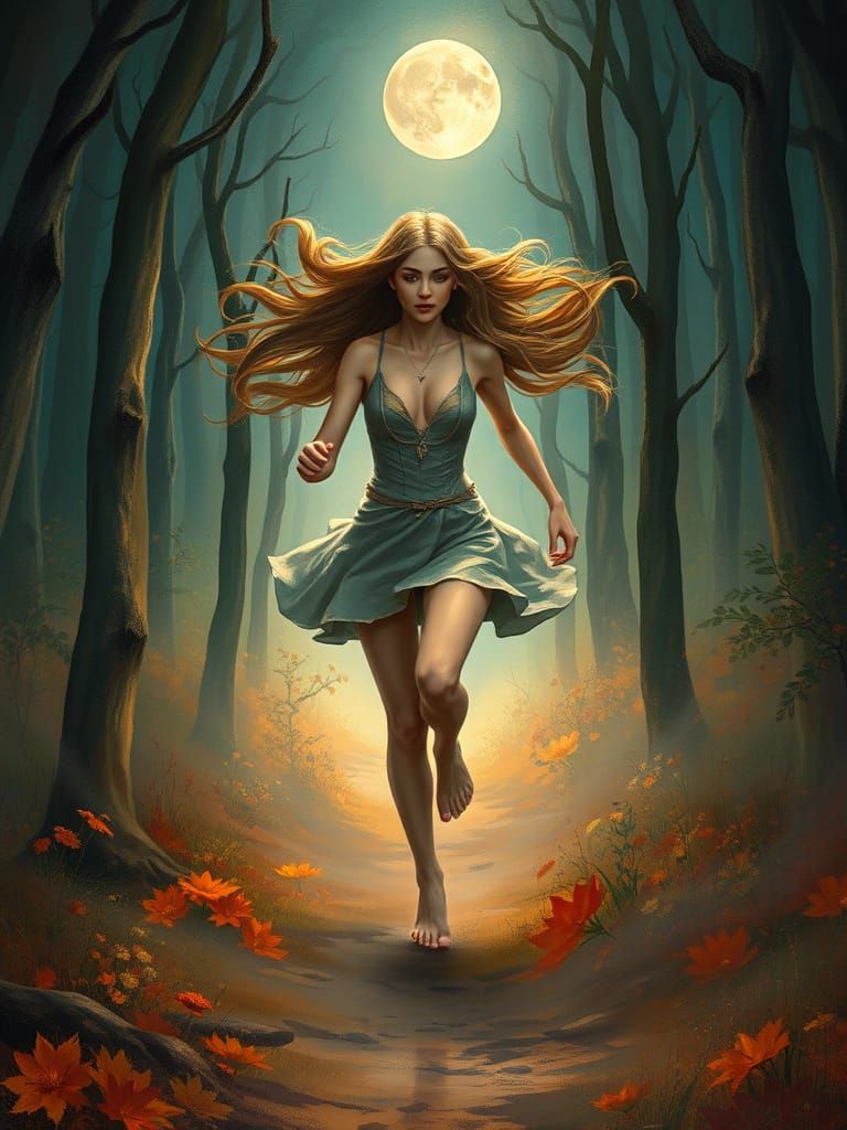 Barefoot Woman in Mystical Forest, Fantasy Art