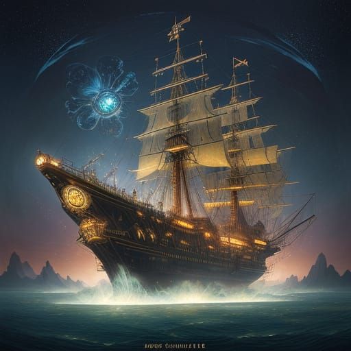 Steampunk Airship Soaring Through Nebula, Hyperrealistic Sty...