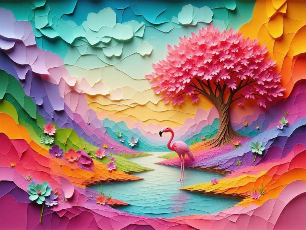 Surreal Paper Landscape with Flamingo in Shimmering Stream