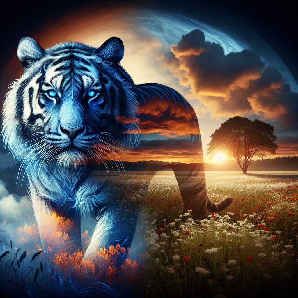 Spectacular Tiger with Smoky Linework and Double Exposure