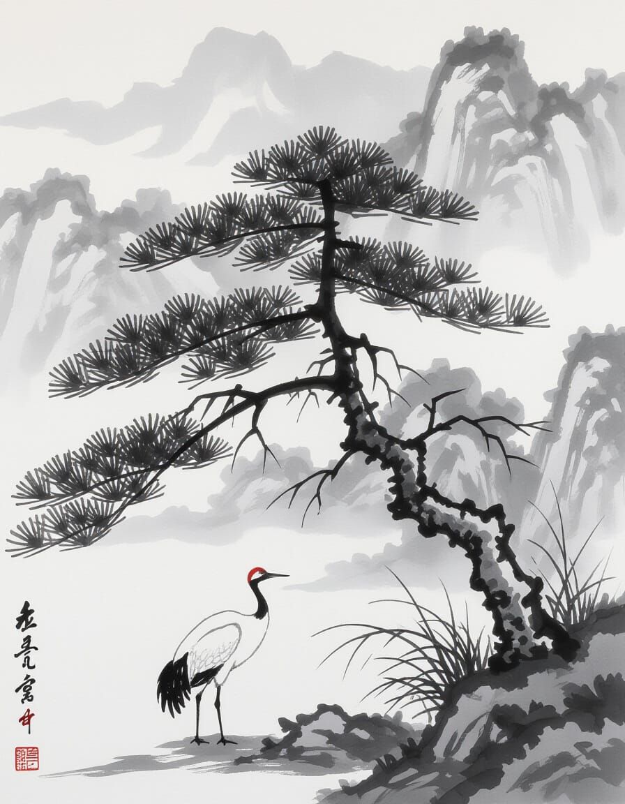 Monochrome Crane Ink Painting in Xieyi Style