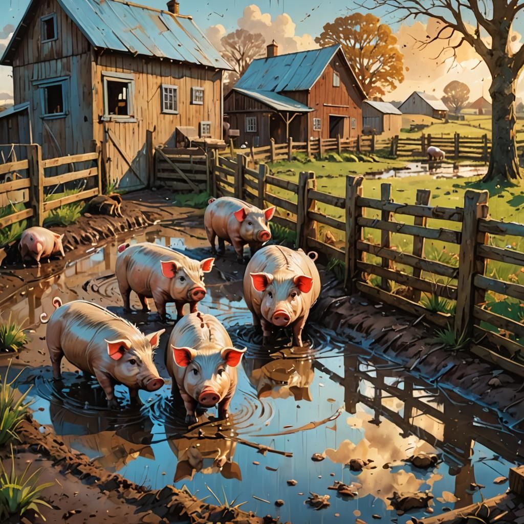 Storybook Pigs Cause Farm Chaos in Rustic Style