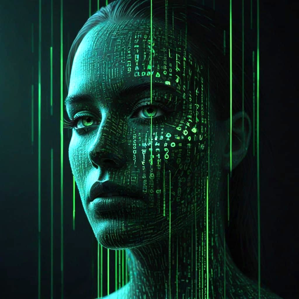 Glowing Code Face Emerges from Binary Realm