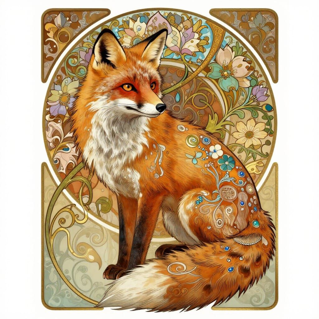 Art Nouveau Fox With Floral Patterns and Swirling Vines