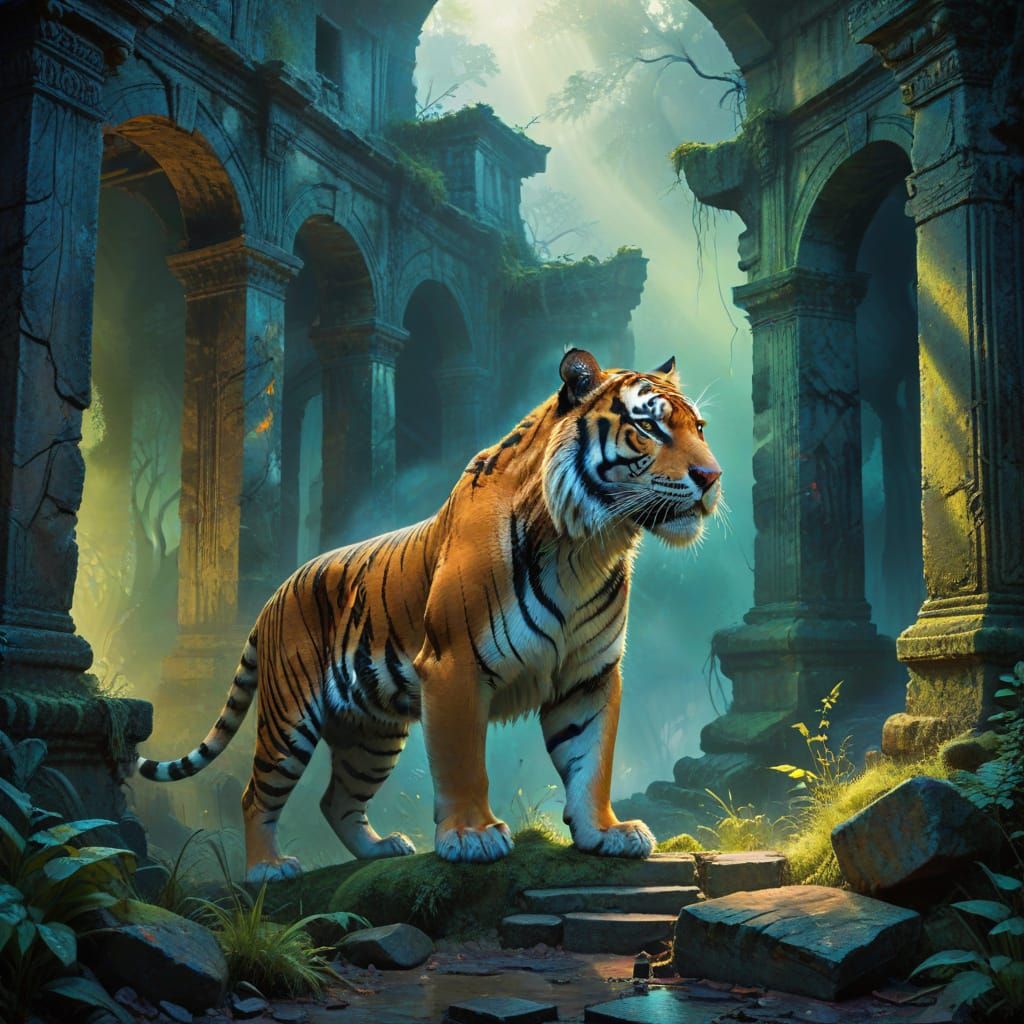 Majestic Tiger with Spectral Markings in Ancient Ruins