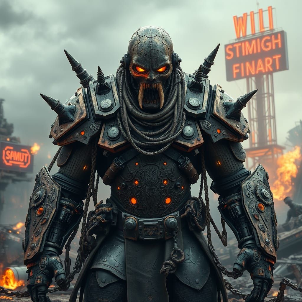 Cyber Soldier in Ruined Technological Wasteland