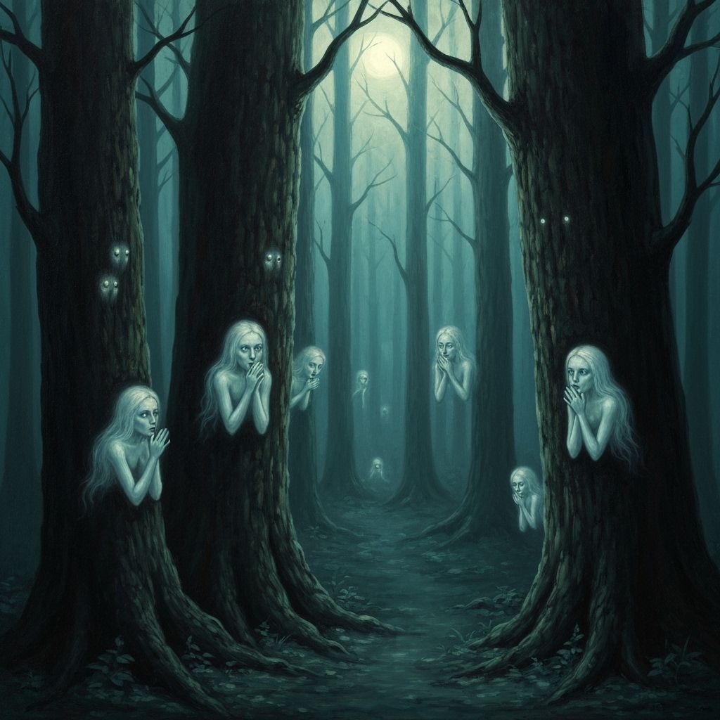 Dark Moonlit Forest Spirits Whisper Secrets in Oil Painting