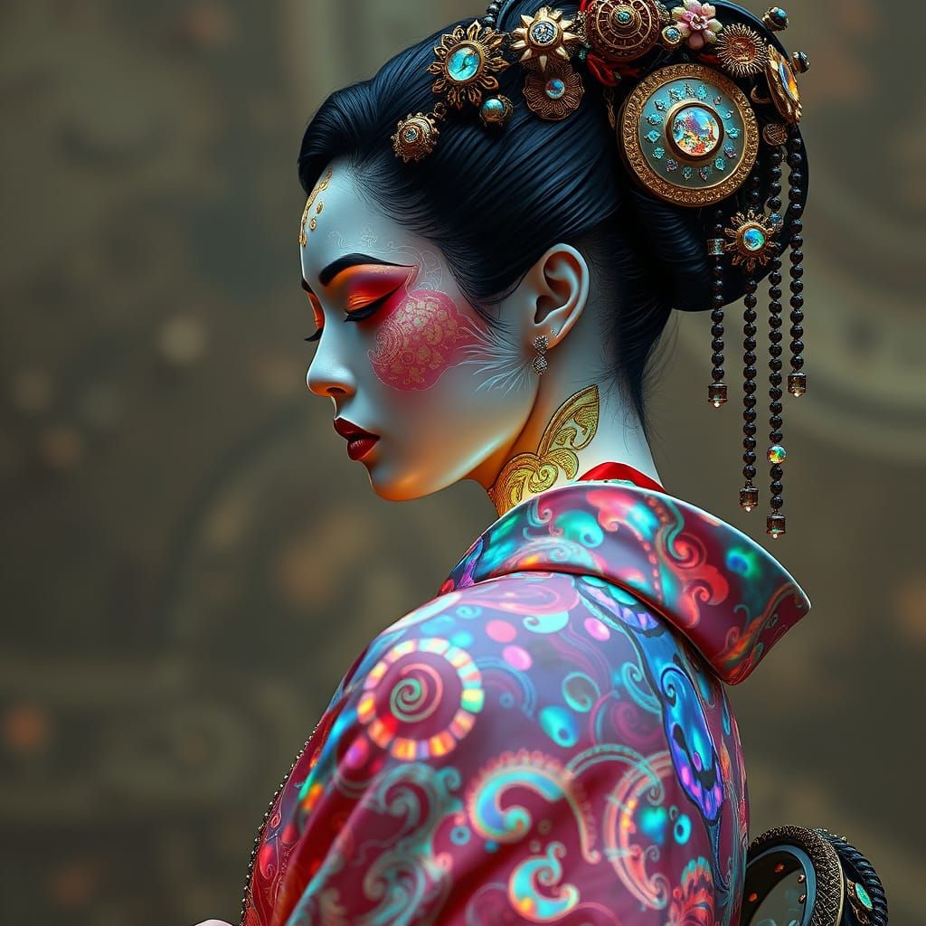 Opal Skinned Steampunk Geisha in Bioluminescent Kimono