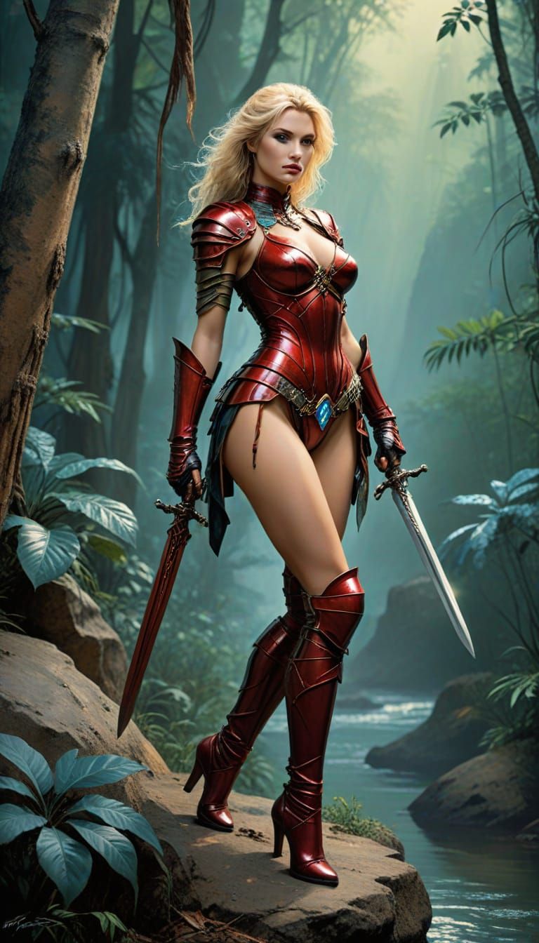 Surreal Amazonian Queen in Warrior Armor, Chiaroscuro Style
