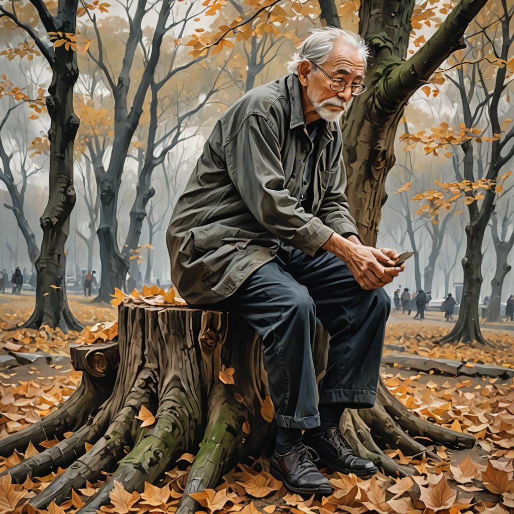 Old Man in Wind, Modern Ink Action Painting