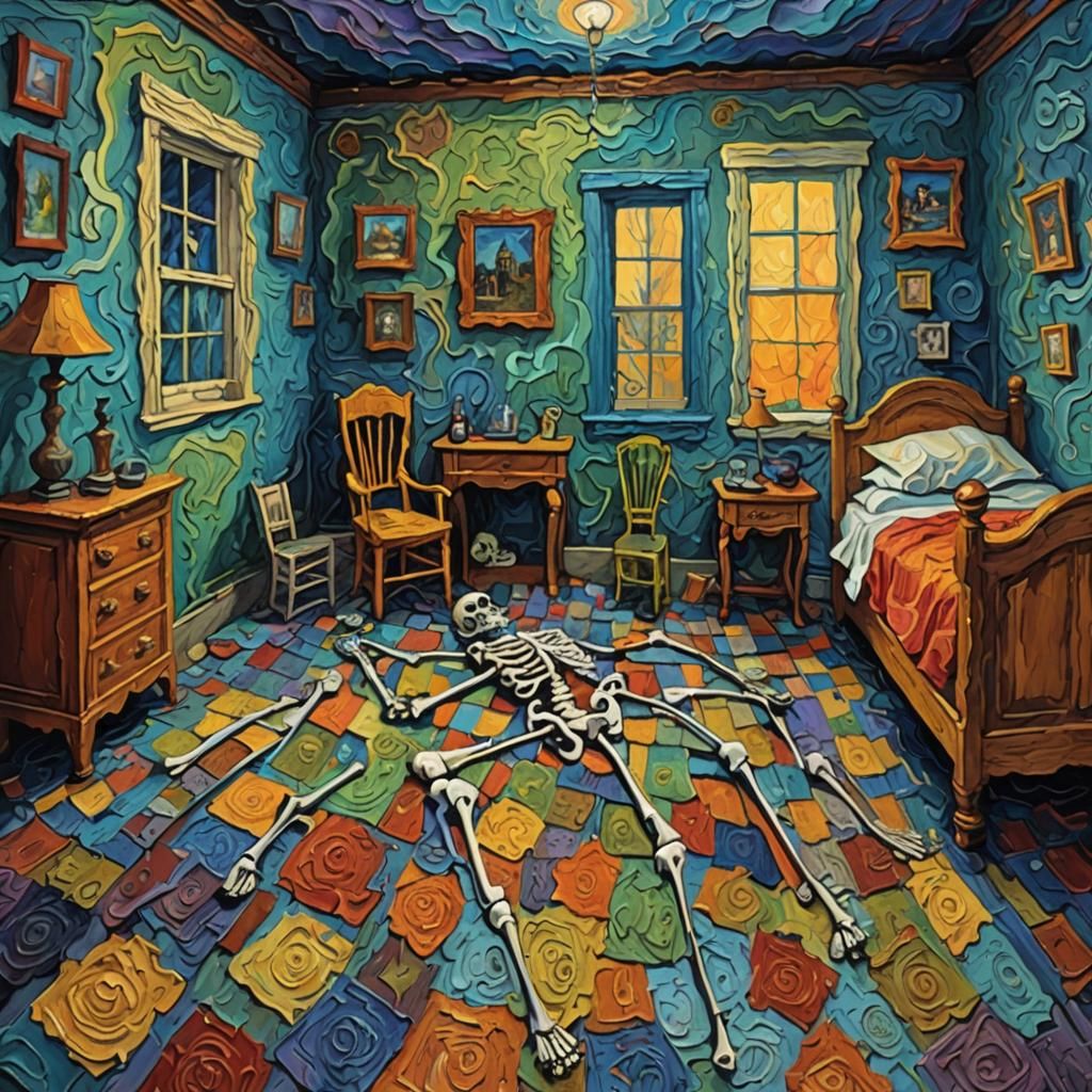 Haunted Skeleton Bedroom in Expressionist Oil Painting