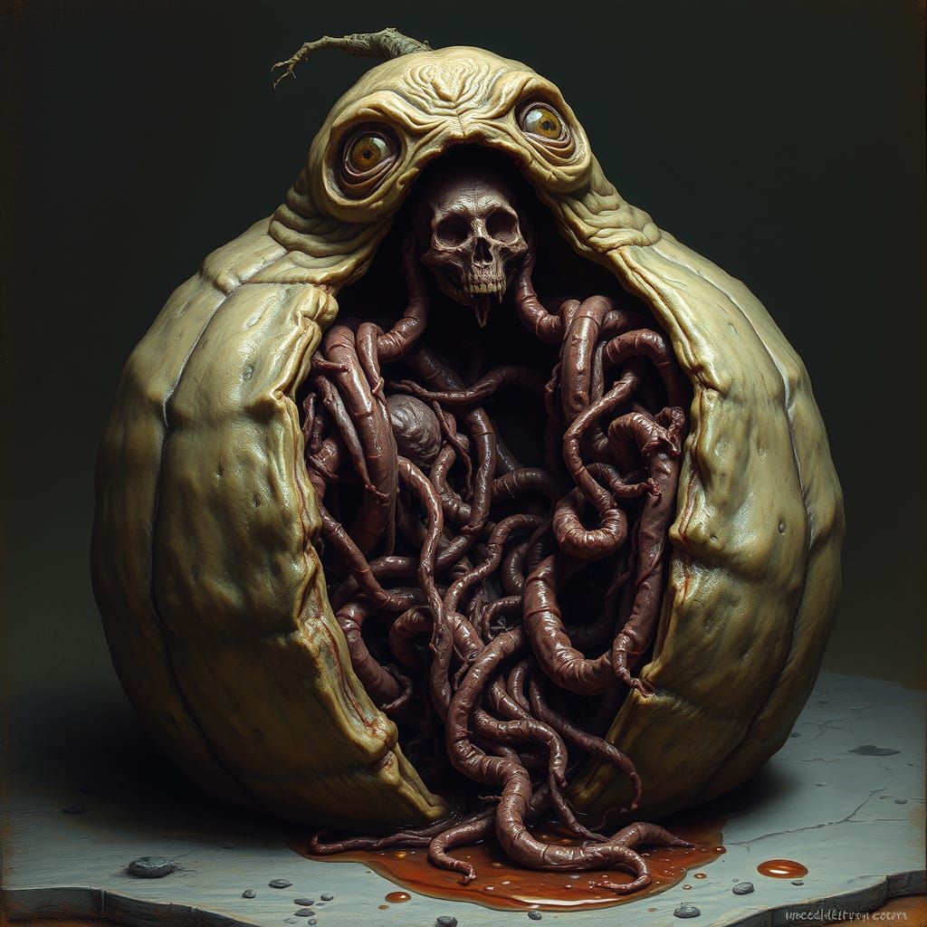 Realistic, Grotesque Pickle with Open Chest Cavity and Spill...