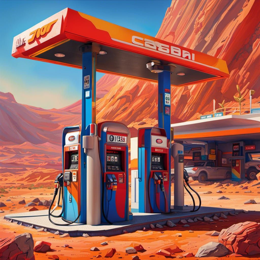 Martian Gas Station in Hyperrealistic Splash Art