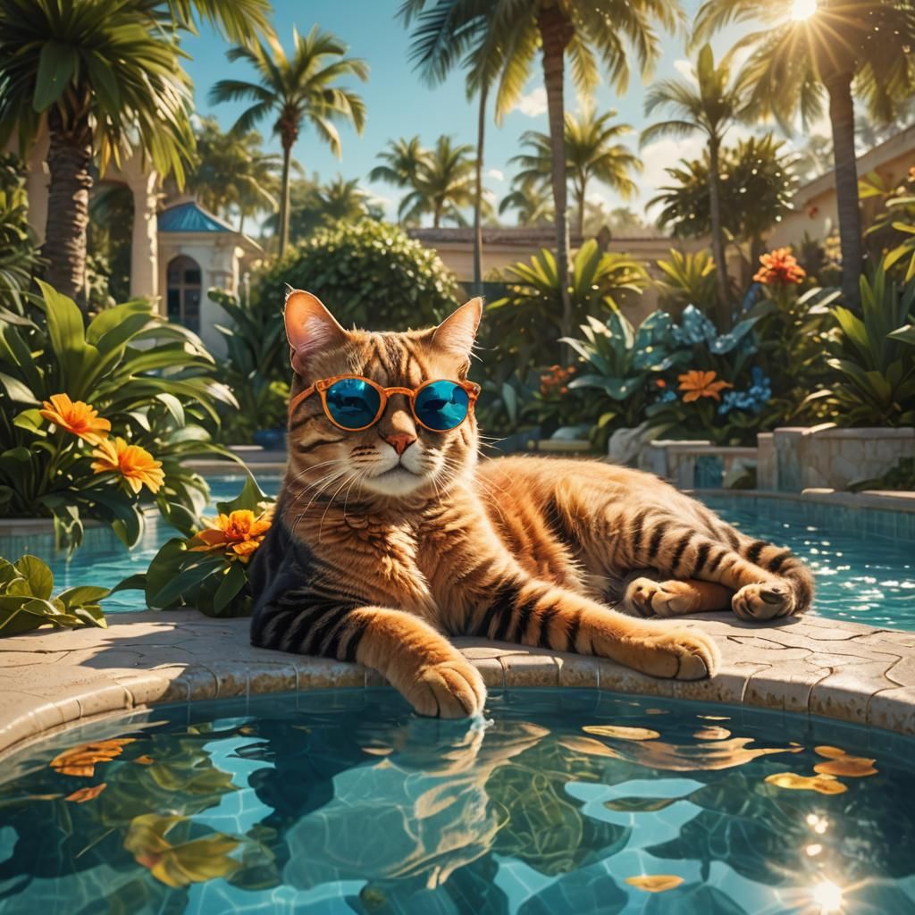 Cat Lounging Poolside in Sunglasses: Digital Art