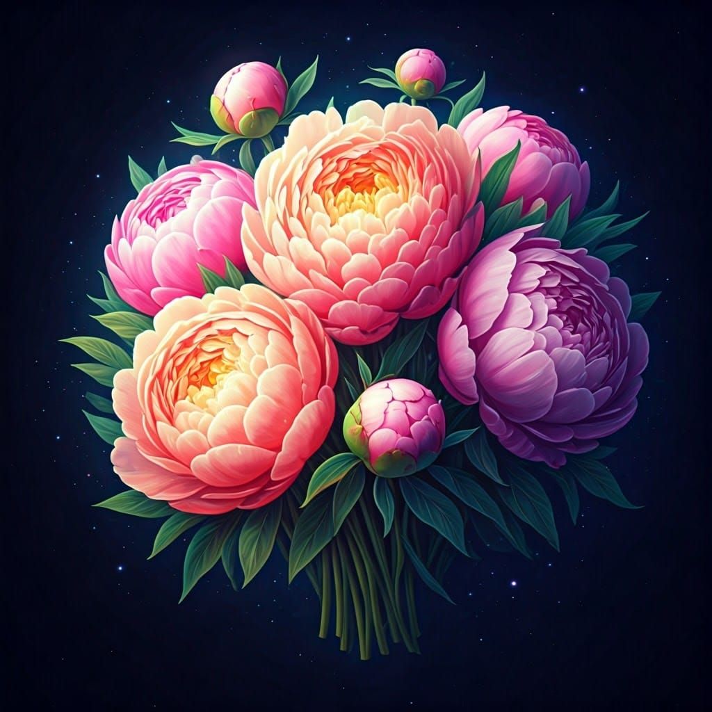 Celestial Peony Bouquet in Vibrant Holographic Style