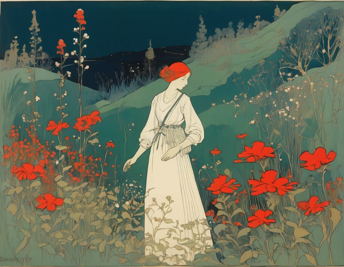 Woman in a Field of Vibrant Red Wildflowers