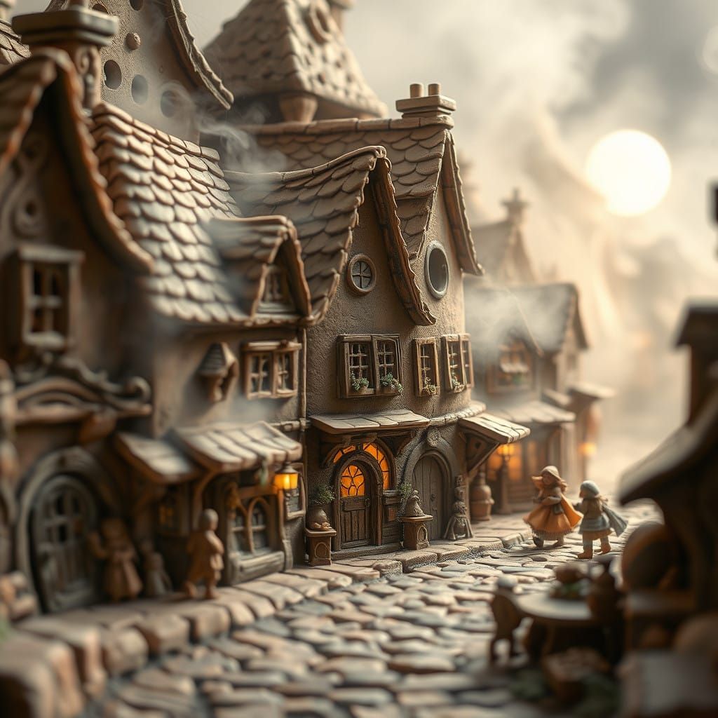 Whimsical Clay Village in Ethereal Mist