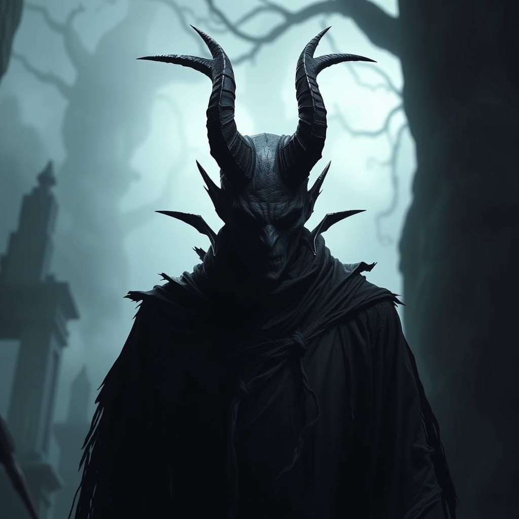 Dark Demon in Tattered Black Robes Amidst Haunting Atmospher...