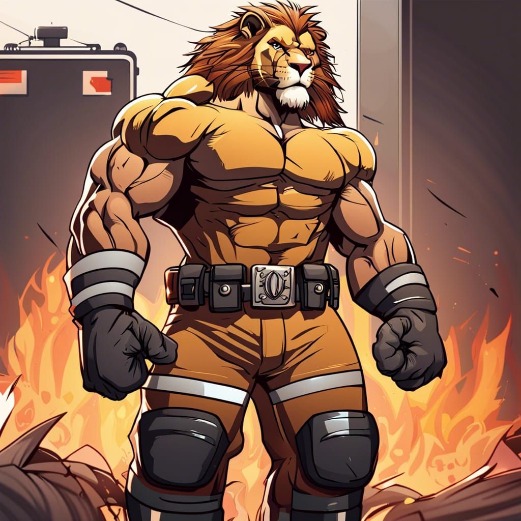 Angry Lion in Firefighter Outfit: Comic Vector Art