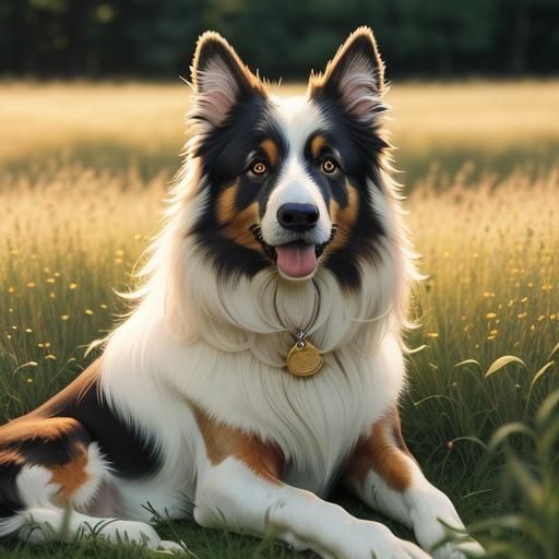 Collie Portrait in Lush Meadow at Golden Hour