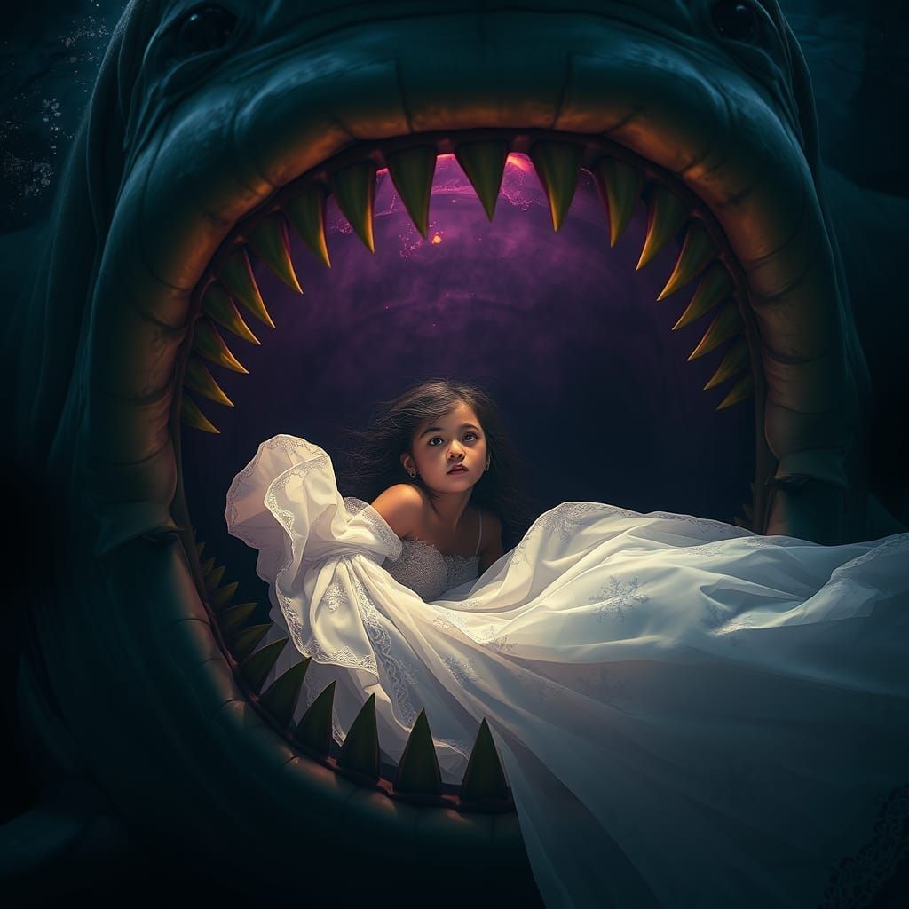 Girl Submerged in Shark's Mouth in Dark Fantasy Scene