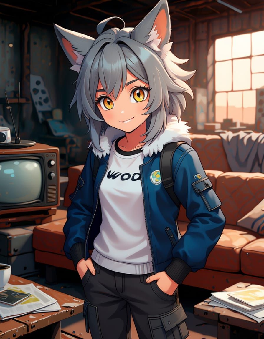 Lithe Wolfgirl in Abandoned Steel Mill, Furry Art Style