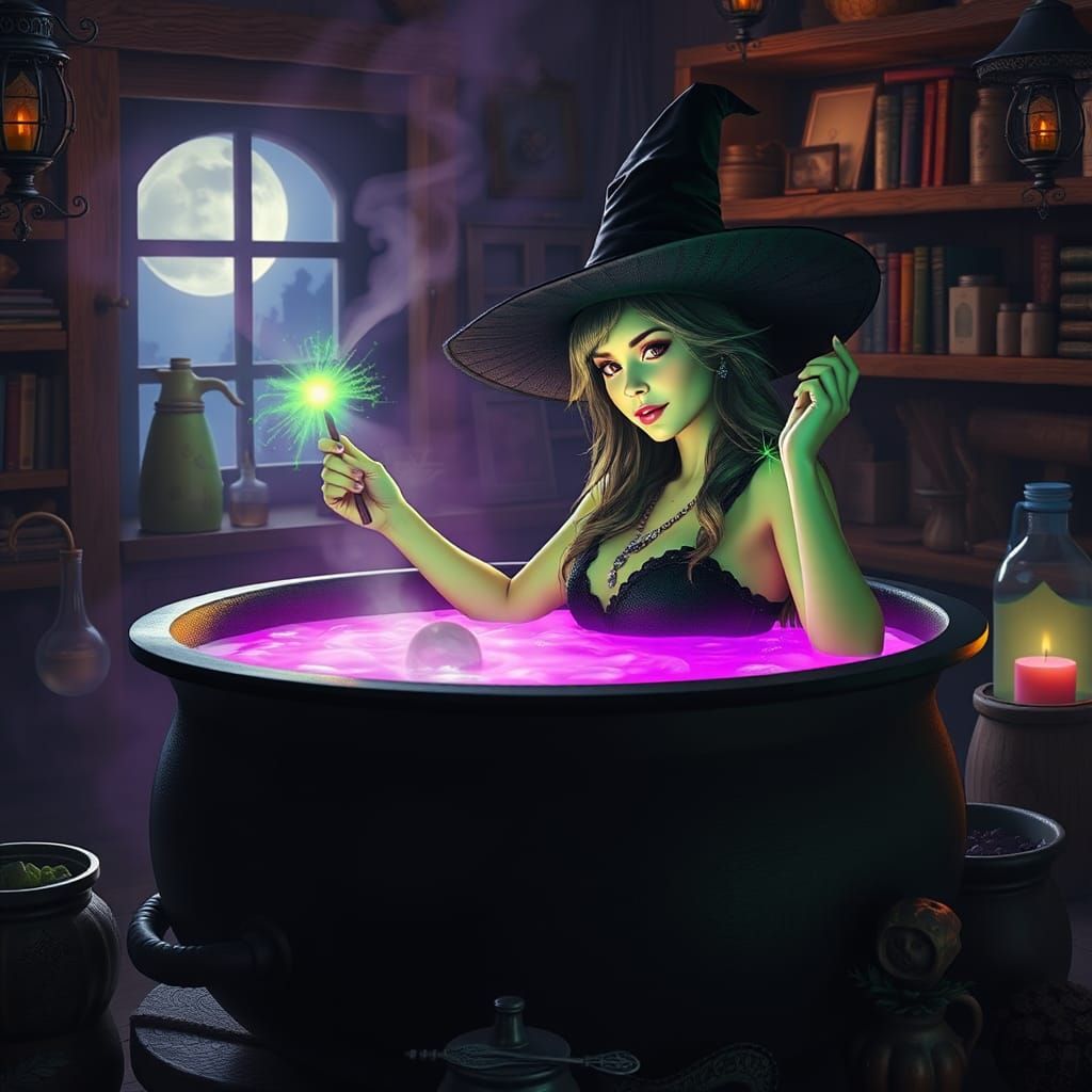 Green Witch Bathes in Potion Cauldron: Photorealistic