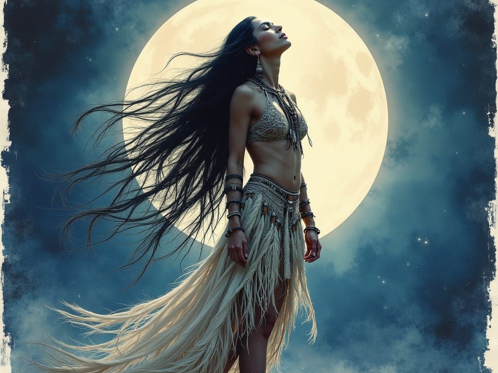 Majestic Native American Goddess Under Full Moon