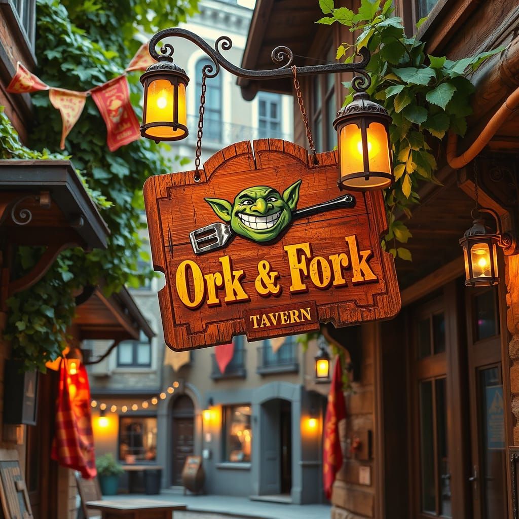 Whimsical Ork & Fork Tavern Sign in Fantasy Alley