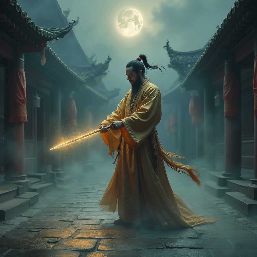 Taoist priest welding the coin-sword to ward of evil spirits