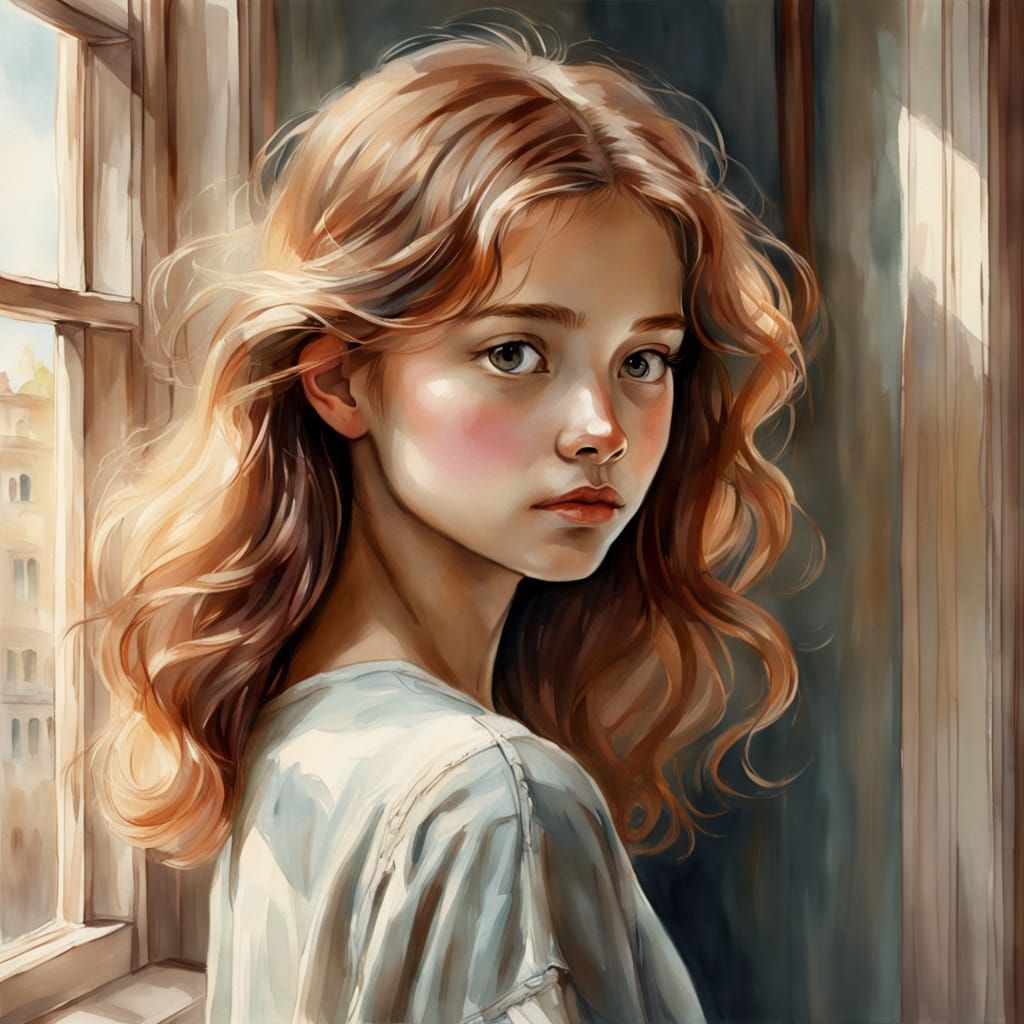 Girl at Window Watercolor Sketch with Carved Casings