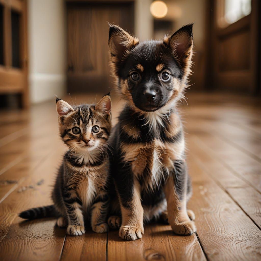Cozy Puppy and Kitten Portrait in Warm, Natural Light