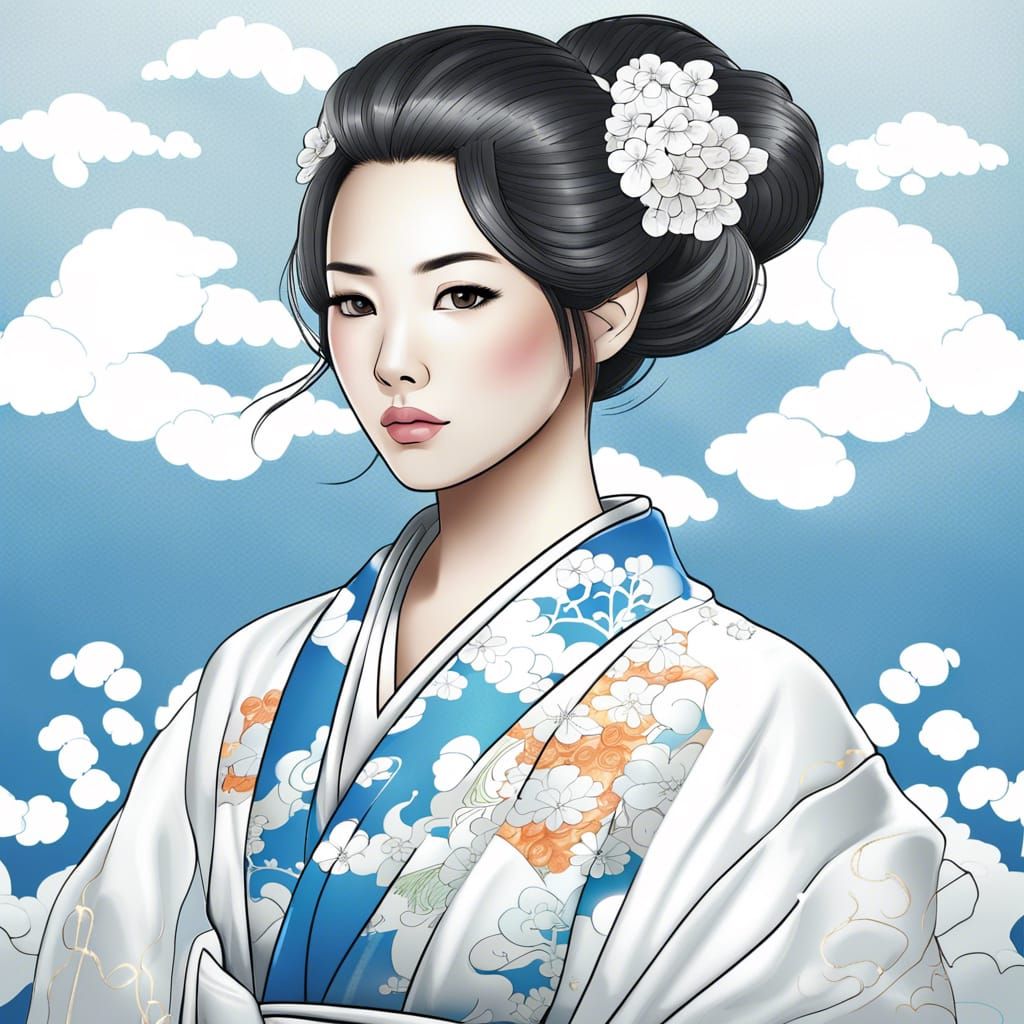 Elegant Japanese Woman in Kimono Coloring Book Style