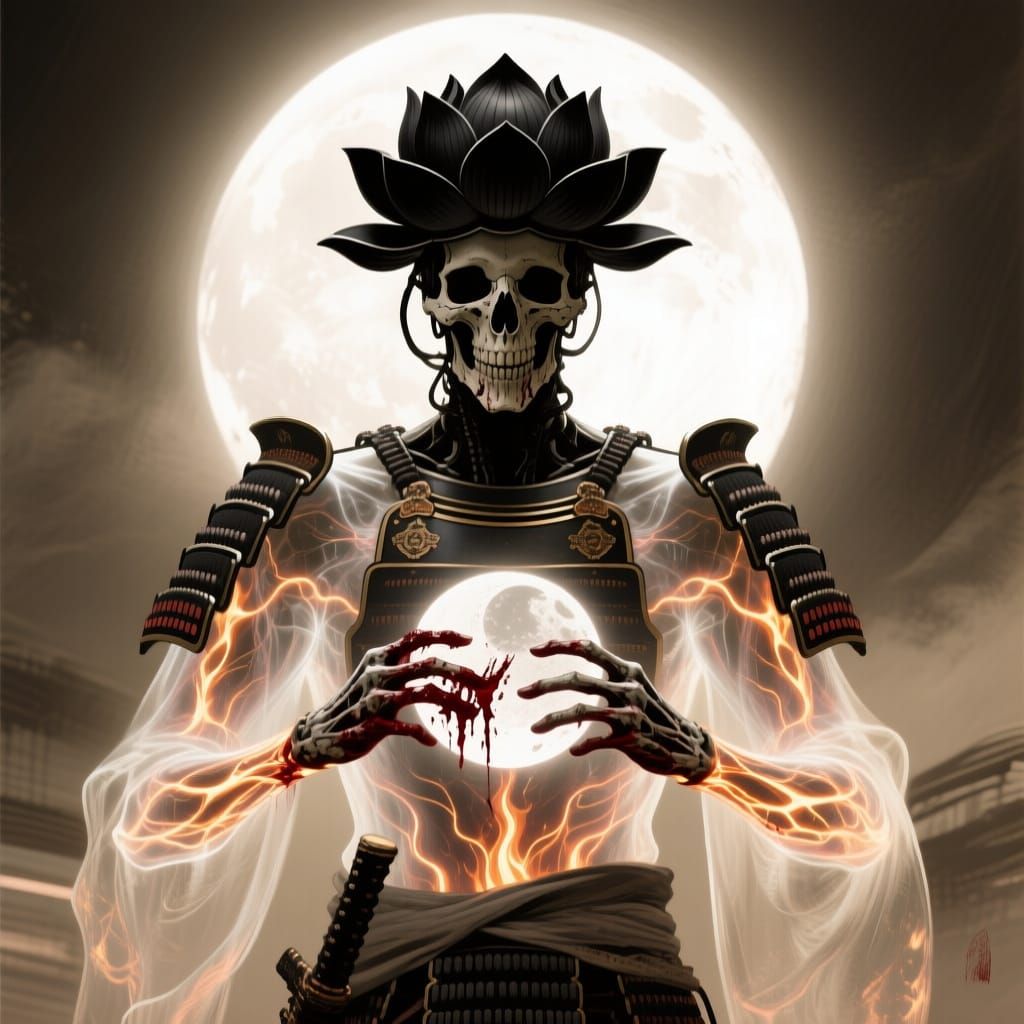 Samurai Lich with Lotus Skull Helm in Sci-Fi Noir Style