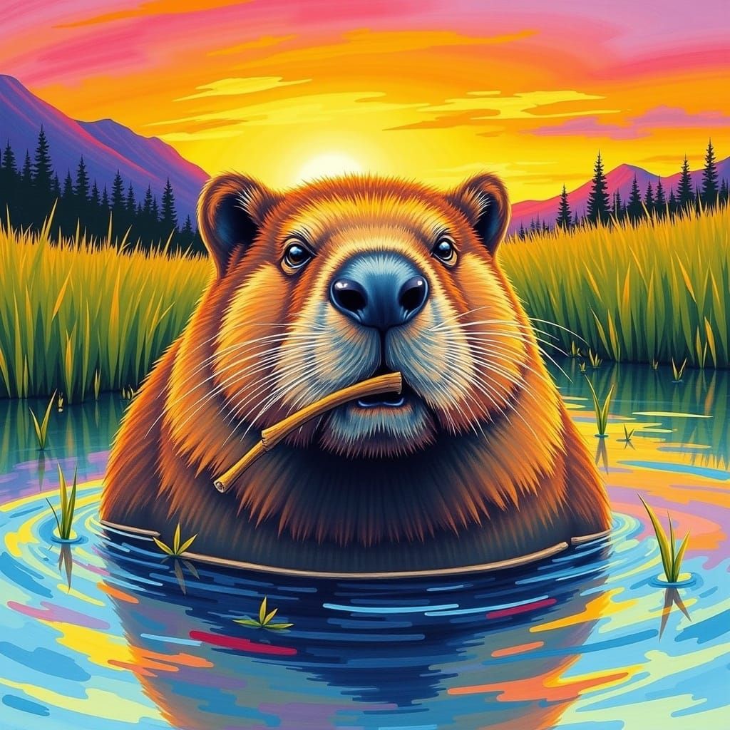 Beaver Portrait in Lake Reeds at Sunset