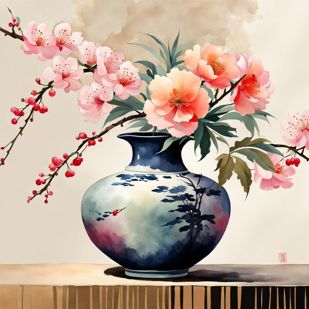 Ikebana Still Life in Sumi-e Style