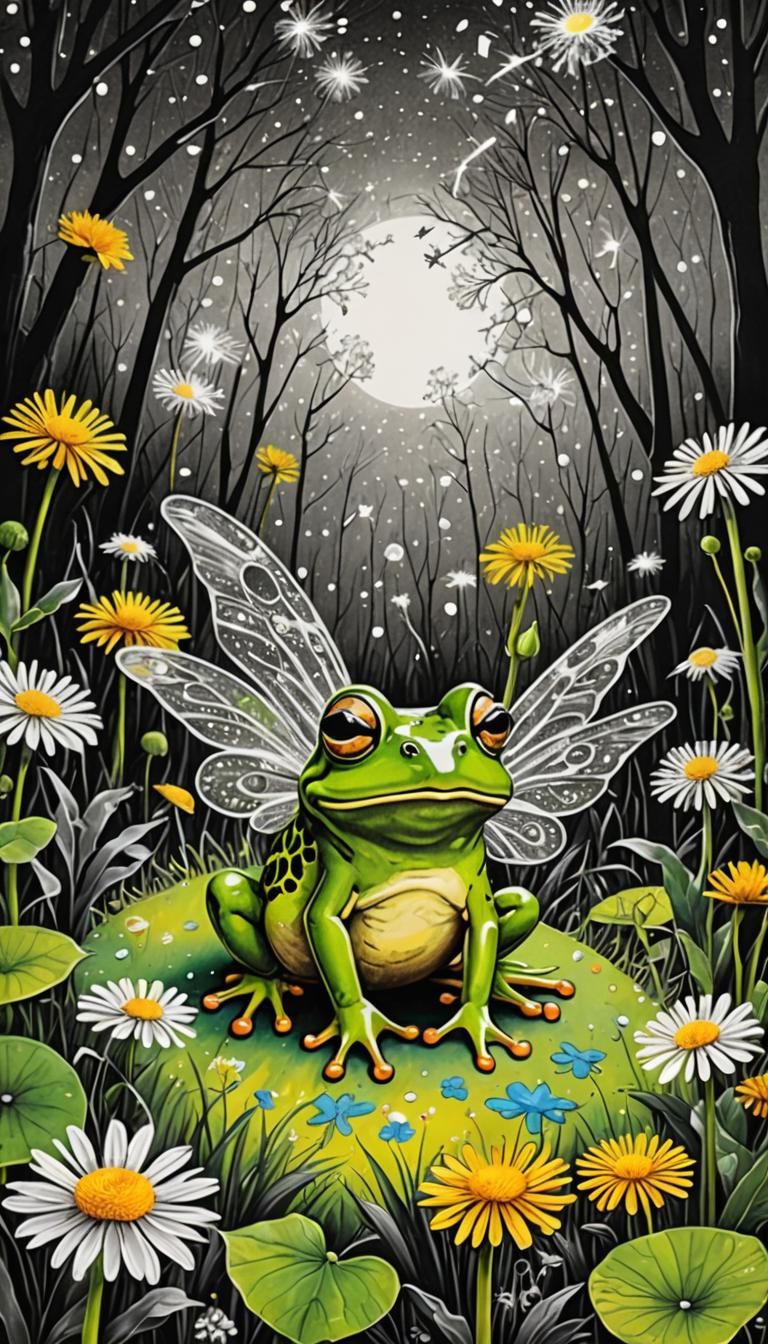 Green Frog with Fairy Wings in Crayon and Rayograph