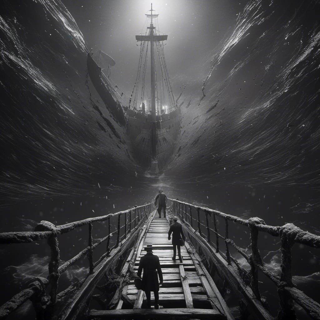 Two Men Holding Hands on Titanic in Black and White