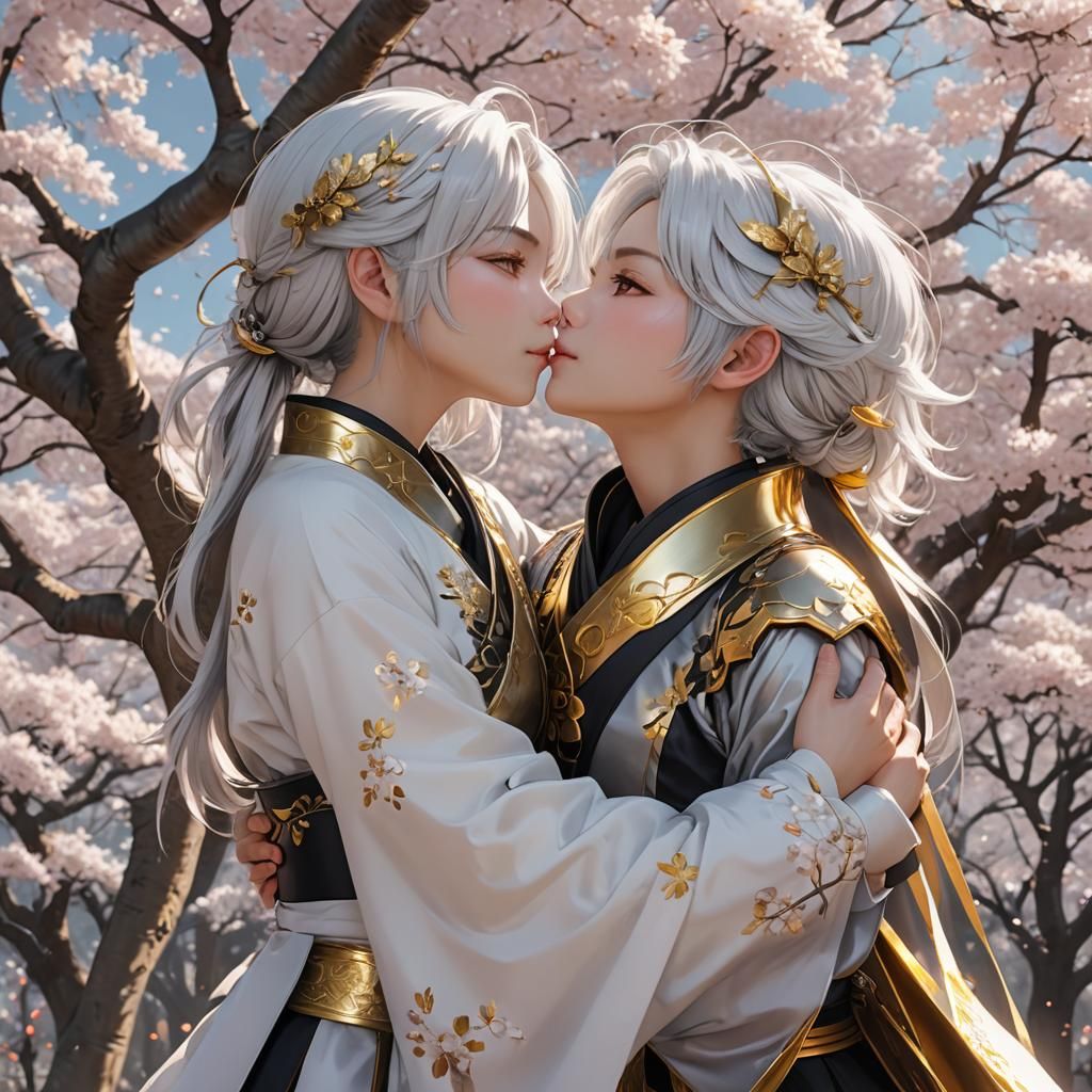 Anime Women Kissing Under Sakura Tree