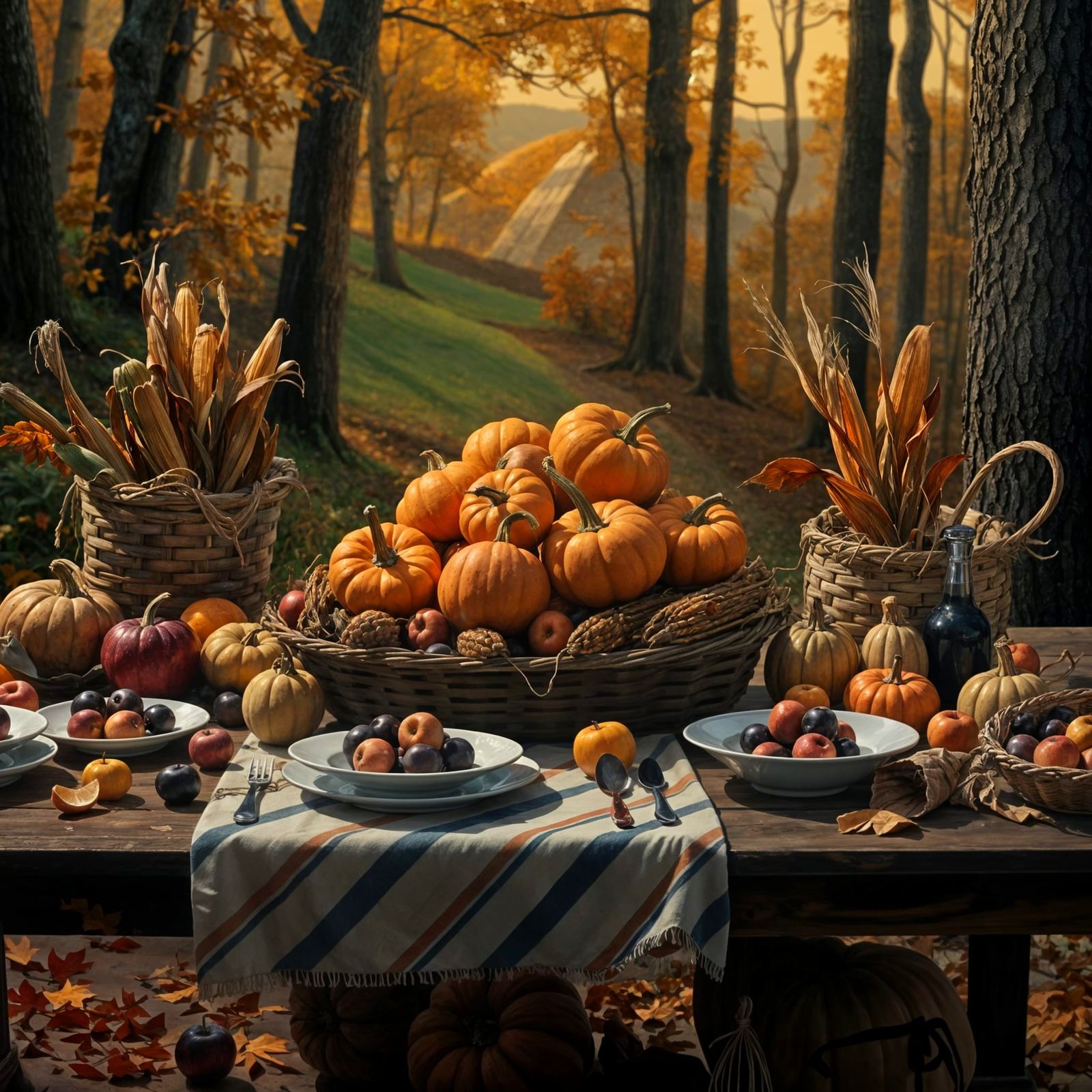 Abundant Autumn Harvest Table with Pumpkins and Apples