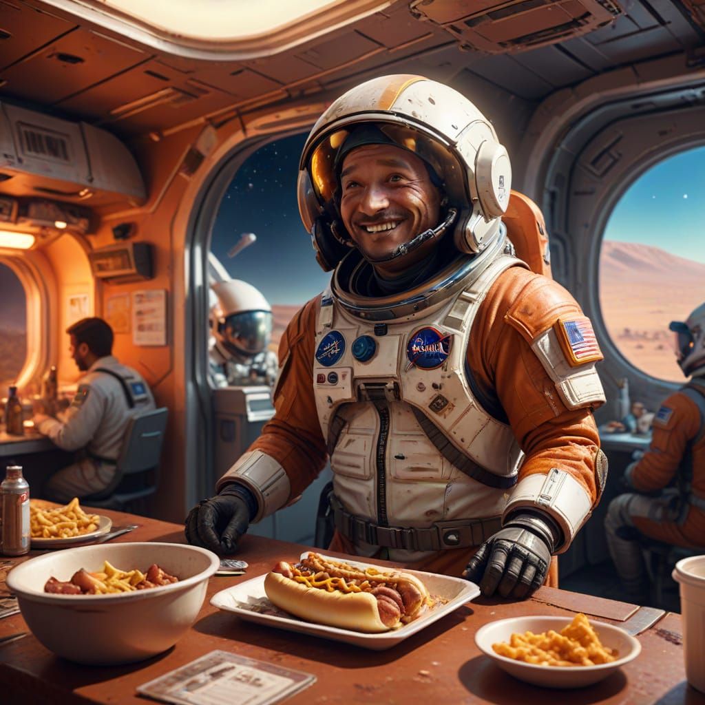 Mars Hot Dog Vendor Serves Tourists in Sci-Fi Station