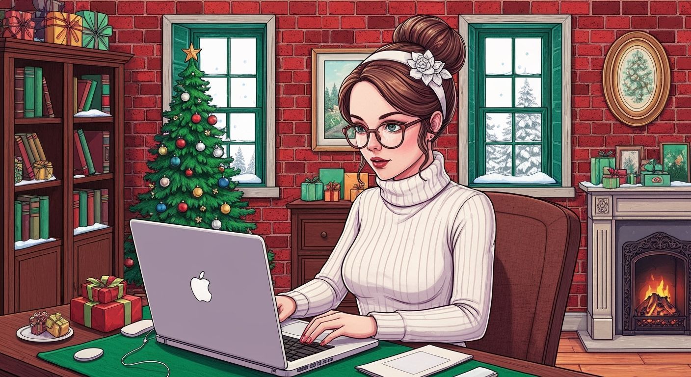 Victorian Woman Works on Laptop in Snowy Room