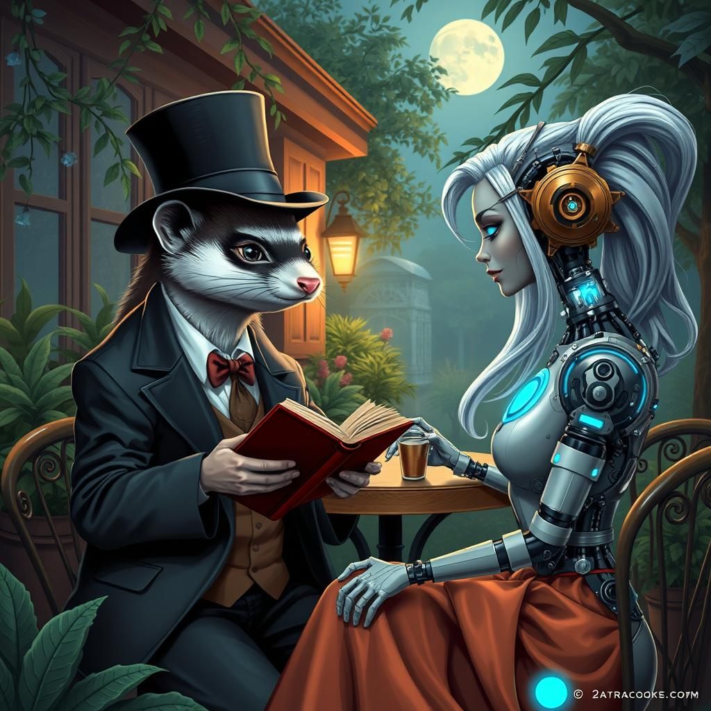 Ferret Preacher and Robot Supermodel in Futuristic Cafe