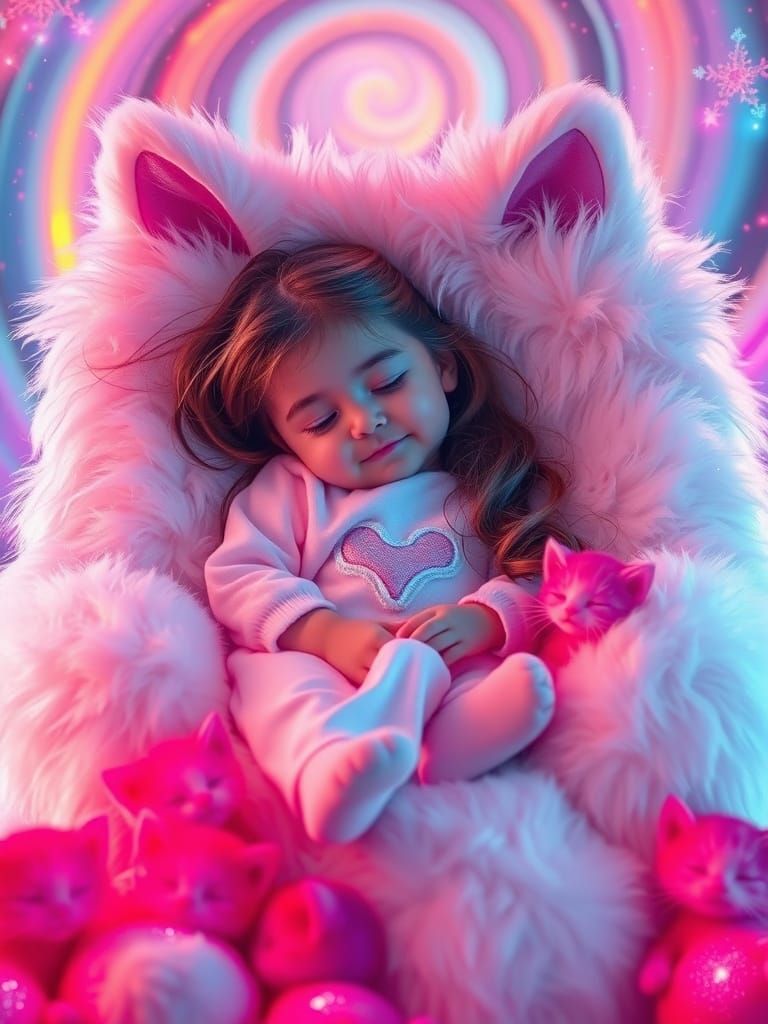 Girl Sleeping in Cat Chair with Neon Kittens