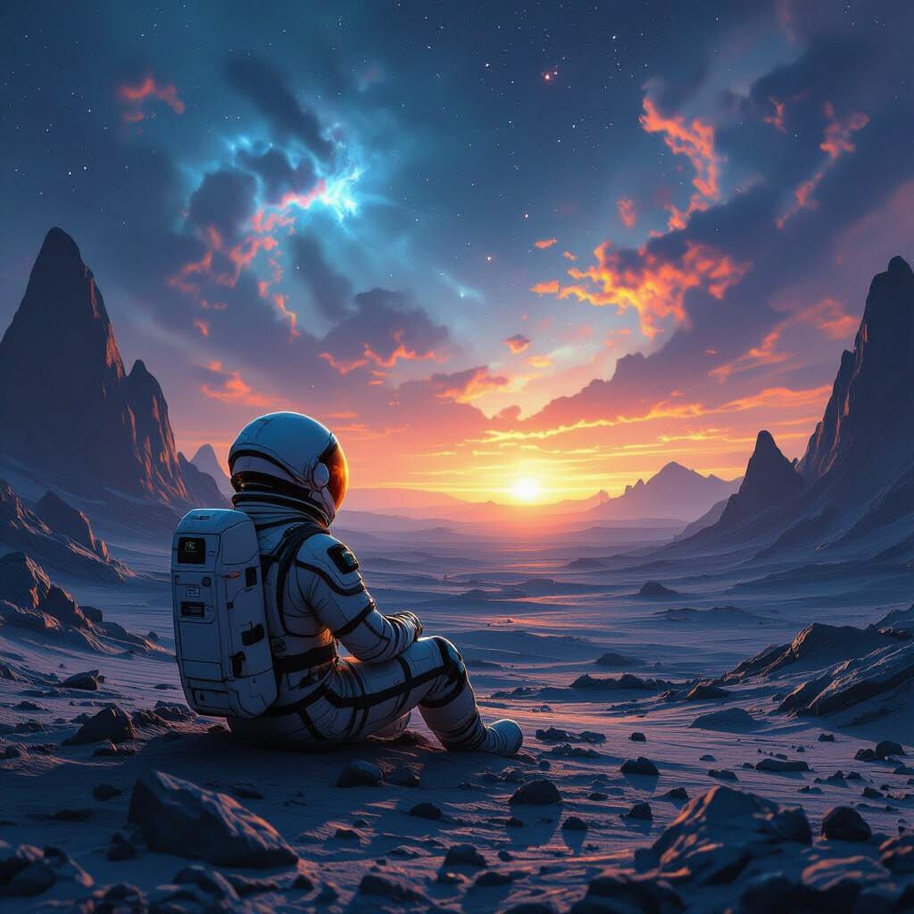 Astronaut Gazing at Binary Sunset on Alien World