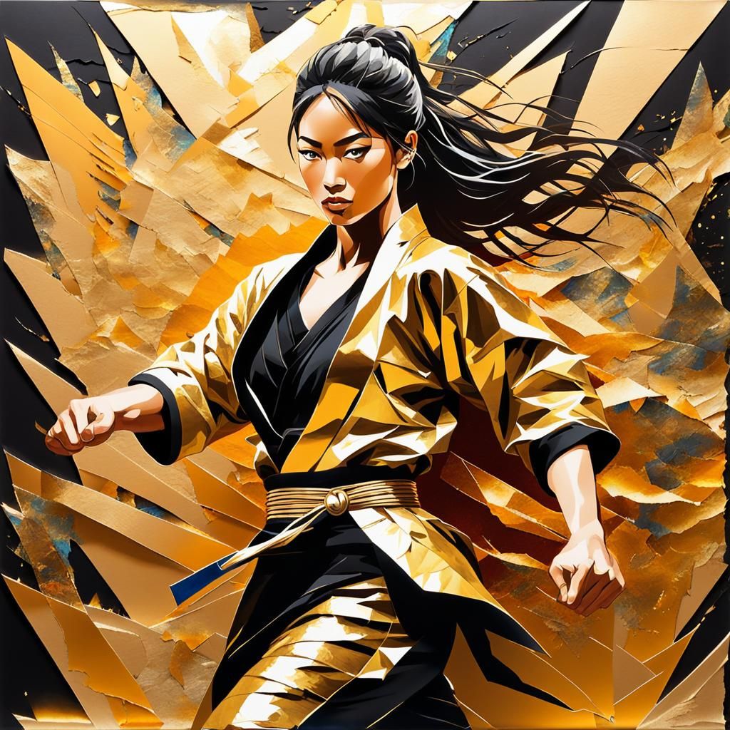 Dynamic Mixed Media Martial Artist with Gold Accents