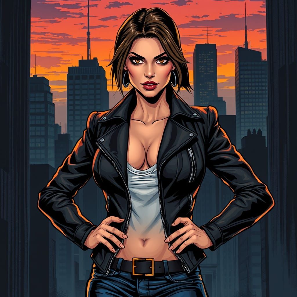 Heroic Woman Dominates Dark Cityscape in Cyberpunk Style